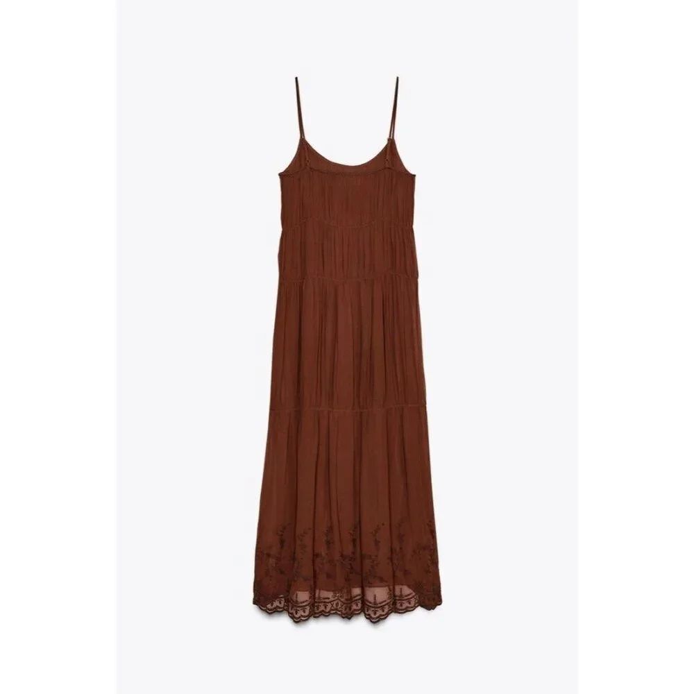 Zara ZW Womens Midi Slip Dress S Small Brown orange Embroidered 6895/058 NWT - Picture 4 of 16
